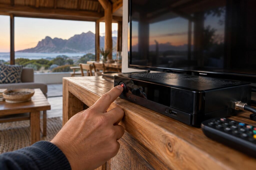 Hand pressing standby on a DStv decoder showing a solid red light