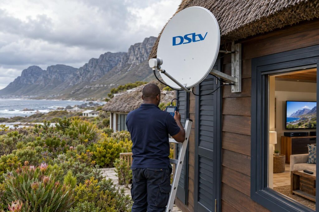 Technician checking cabling at a Betty's Bay holiday home with a DStv dish