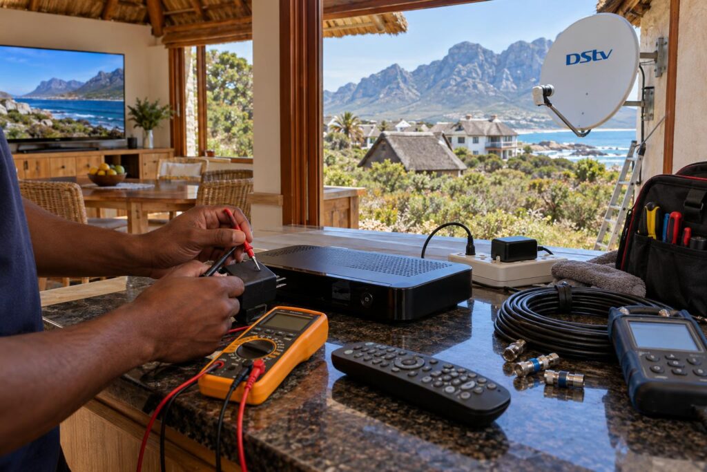 Technician testing the power supply when a DStv decoder won't turn on