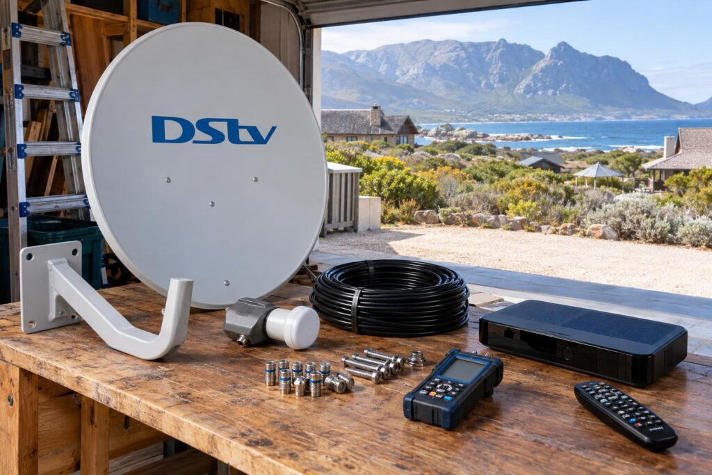 What a DStv dish kit includes DStv dish price parts: dish, bracket, Smart LNB and outdoor cable