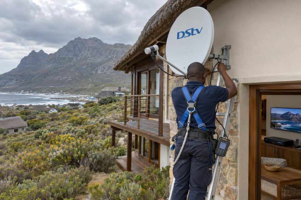 Installing a dish on a double-storey home Technician on a ladder fitting a DStv dish on a Pringle Bay house