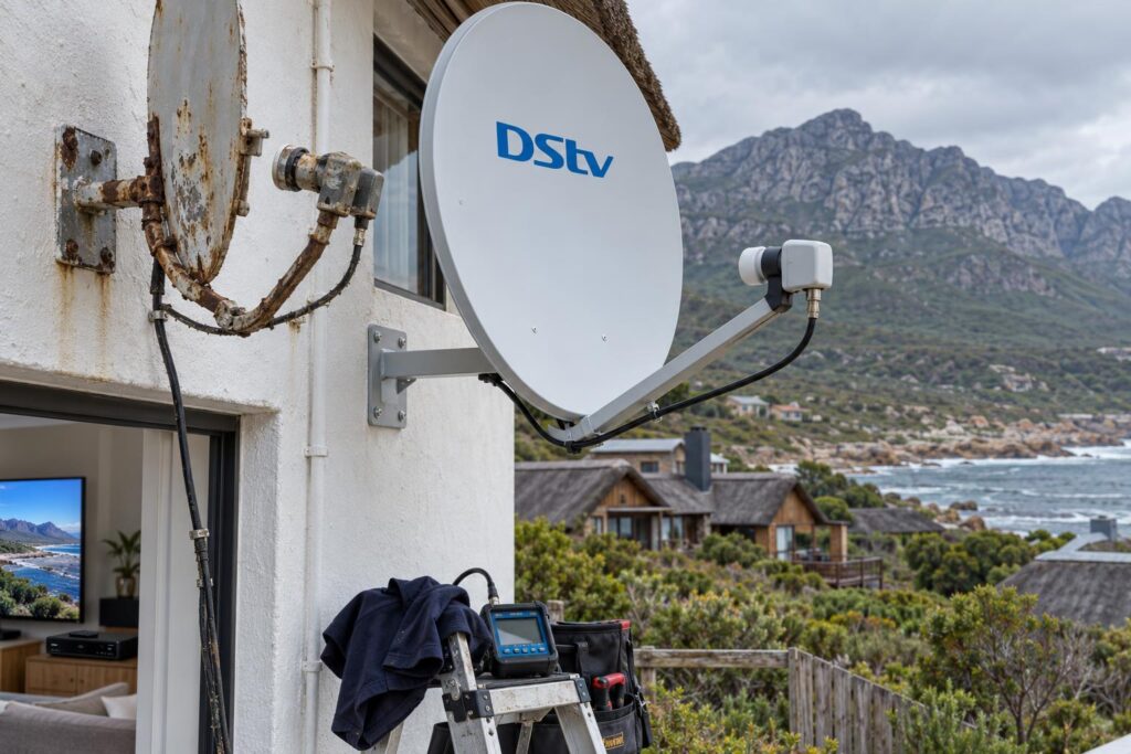 Cheap fittings versus a sealed install Rusted old bracket beside a sealed new DStv dish installation near Kleinmond