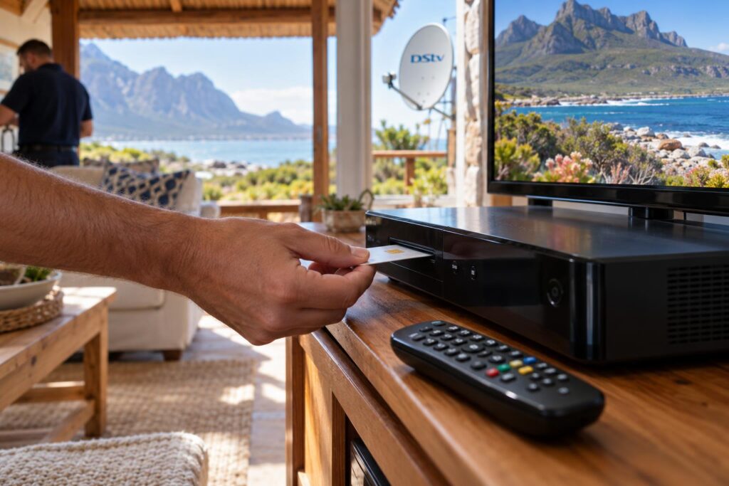 Checking the DStv smartcard Hand inserting a smartcard into a decoder to clear DStv error E16