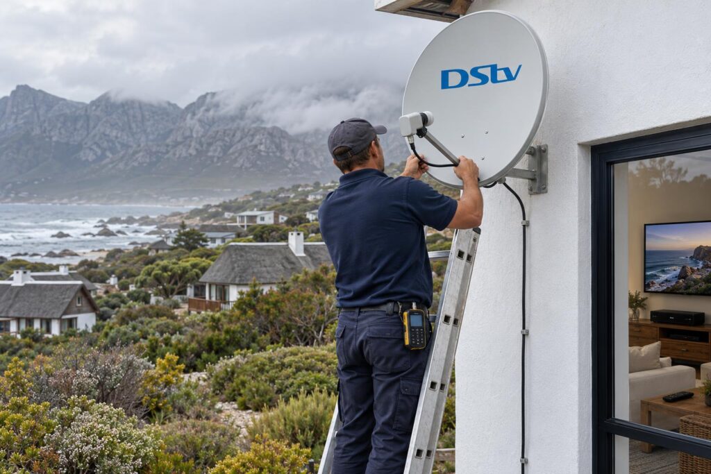 Signal check on the dish Technician checking a DStv dish signal in Betty's Bay after an error