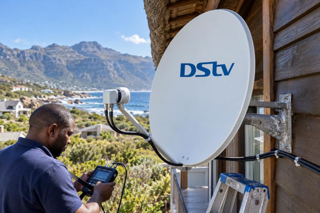 Weather-sealed LNB and cabling Sealed LNB connectors on a DStv dish during repairs on the Overberg coast