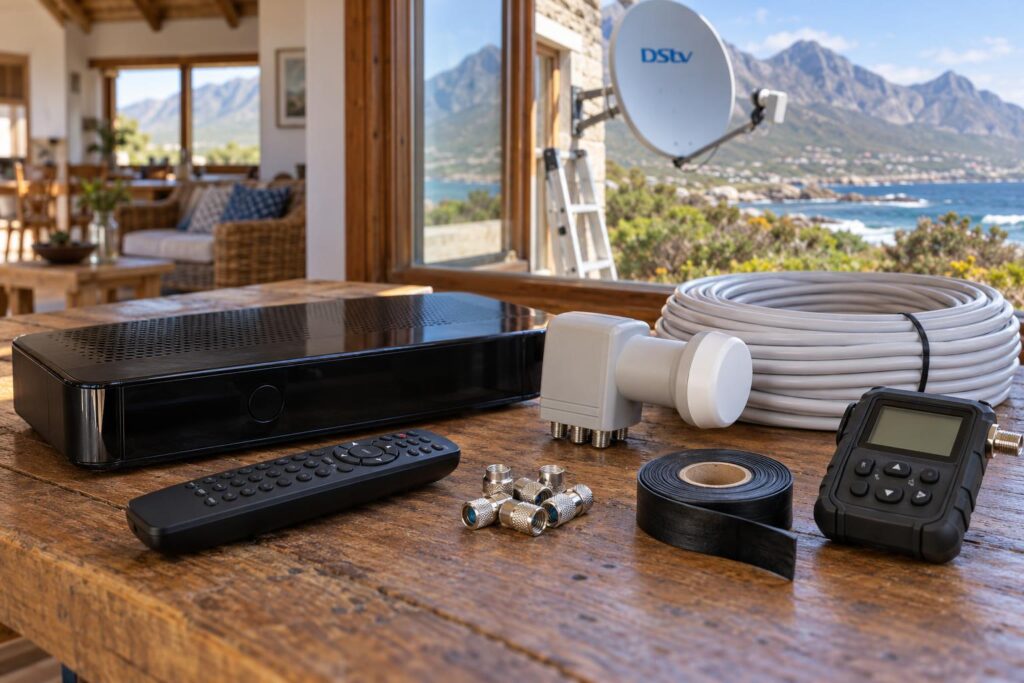 Parts needed before checking the DStv Explora price: decoder, Smart LNB and cable