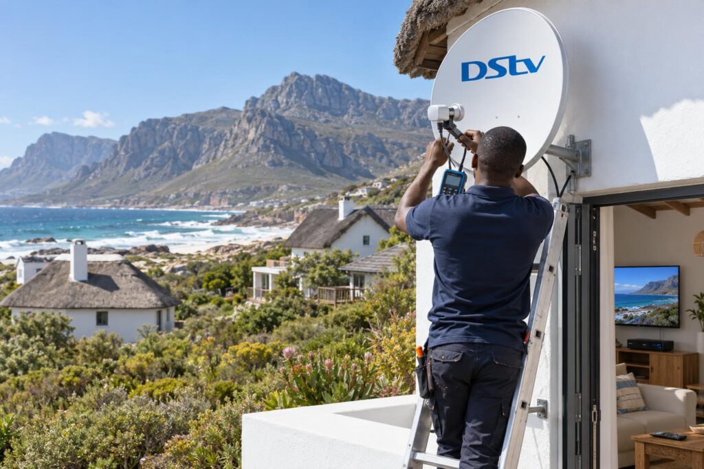 Technician fitting a Smart LNB to a DStv dish during an Explora install