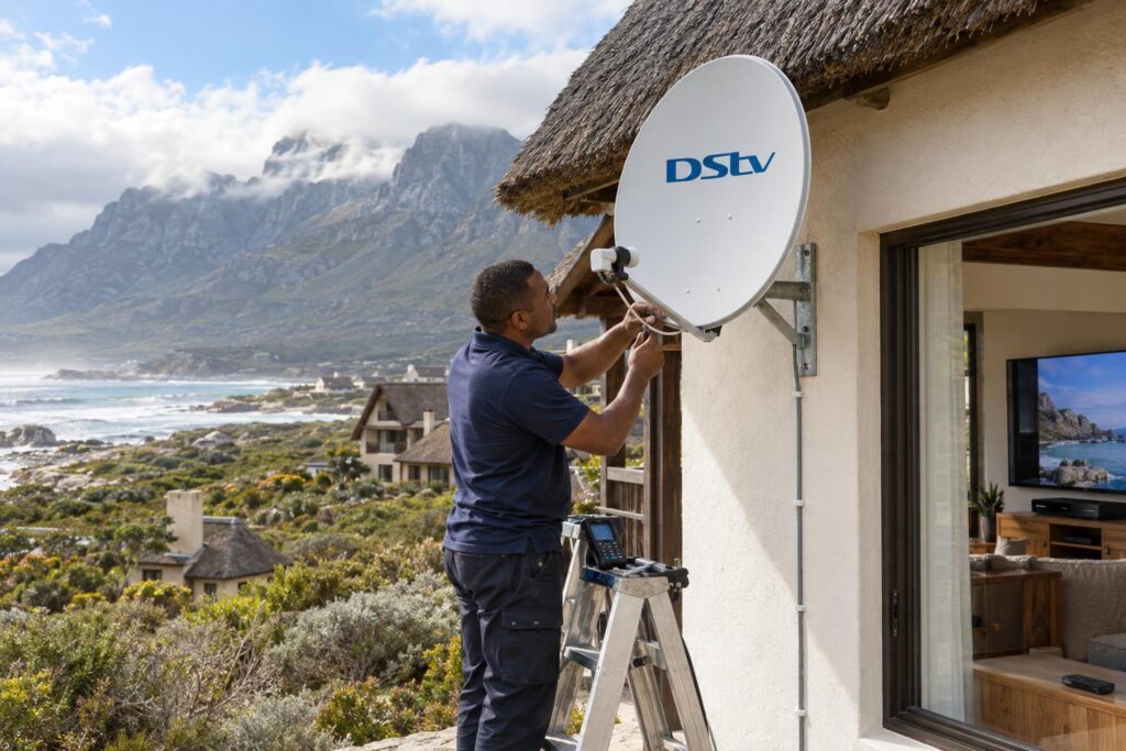 Wind-ready DStv dish on a Betty's Bay area holiday home wall