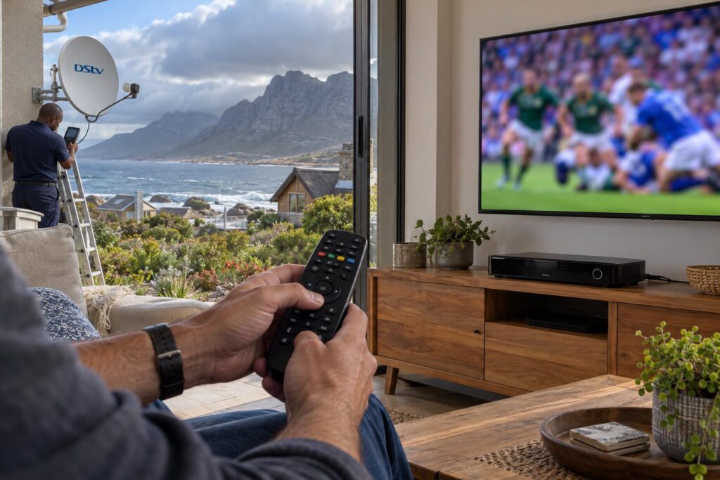 Decoder and remote in a Betty's Bay lounge after a DStv package change