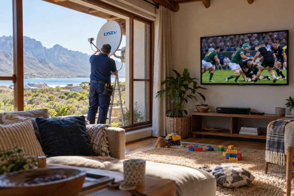 Wall-mounted TV with tidy cabling, chosen to suit DStv packages prices for families