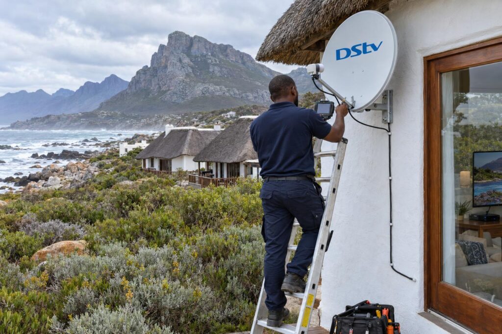Technician testing signal on a DStv dish near Hangklip, Betty's Bay