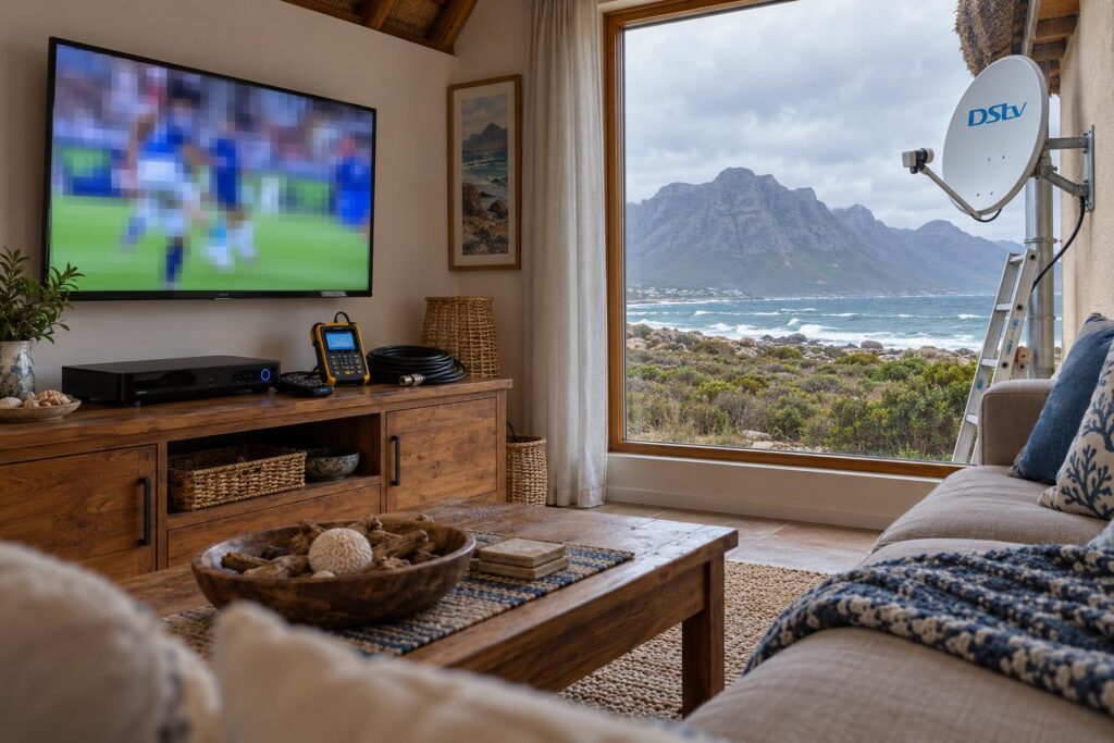 Picture breaking up on the TV Pixelated TV picture caused by DStv picture freezing in a coastal lounge