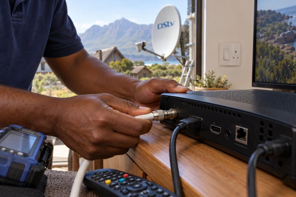 Home checks at the decoder Checking the satellite cable and HDMI lead at the back of a decoder
