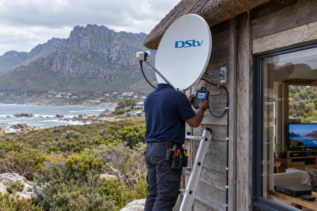 Realigning with a signal meter Installer realigning a dish with a signal meter on an Overberg holiday home