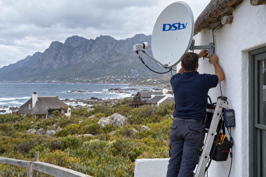 Securing the dish against the wind Technician securing a DStv dish against the southeaster near Pringle Bay
