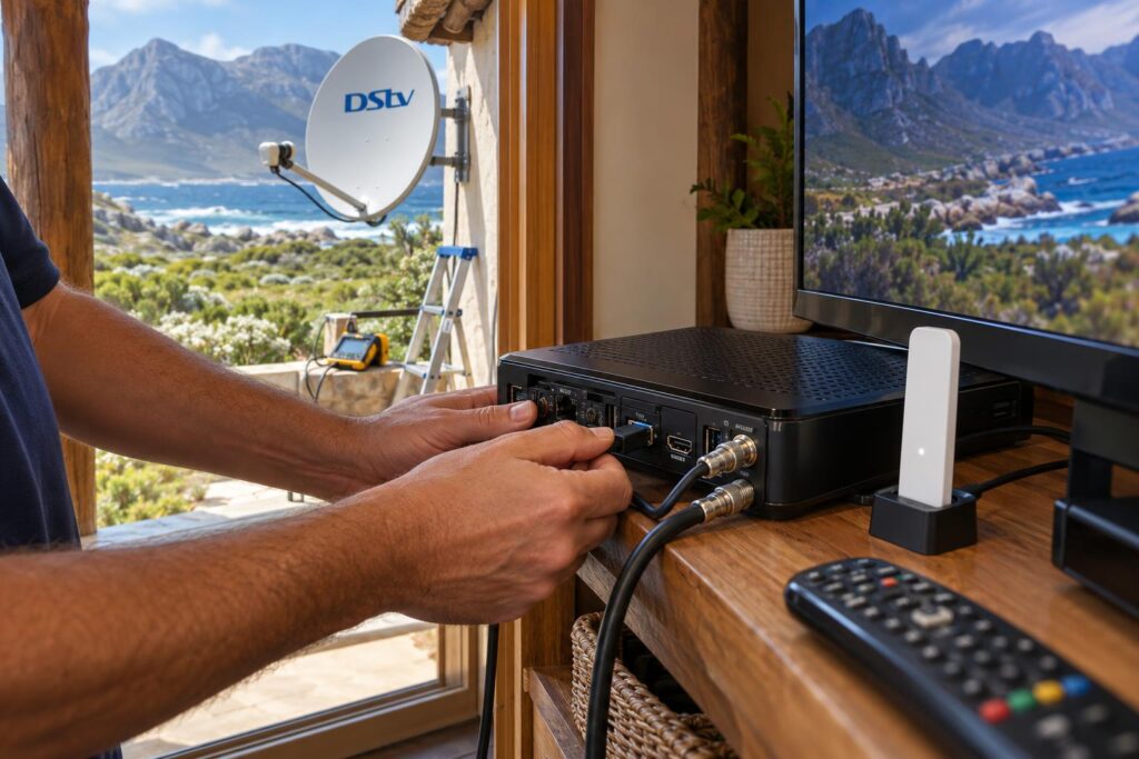 Connecting the dock to the Explora Plugging the DStv WiFi connector dock into the back of an Explora