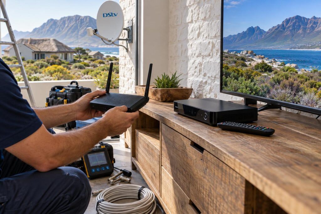 Checking router position Technician checking router position for an Explora WiFi connection in a coastal home