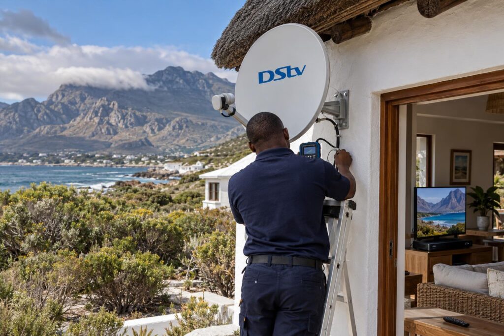 Holiday home dish on the Overberg coast DStv dish on a Pringle Bay holiday home wall, Overberg coast