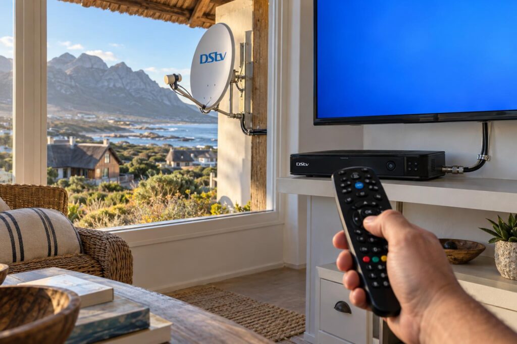 Decoder before activation Decoder showing a scrambled channel before DStv activation in Betty's Bay