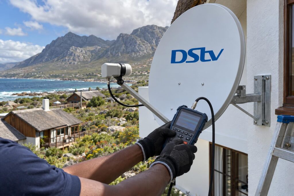 Signal check before activation Technician checking signal on a DStv dish before activating the decoder