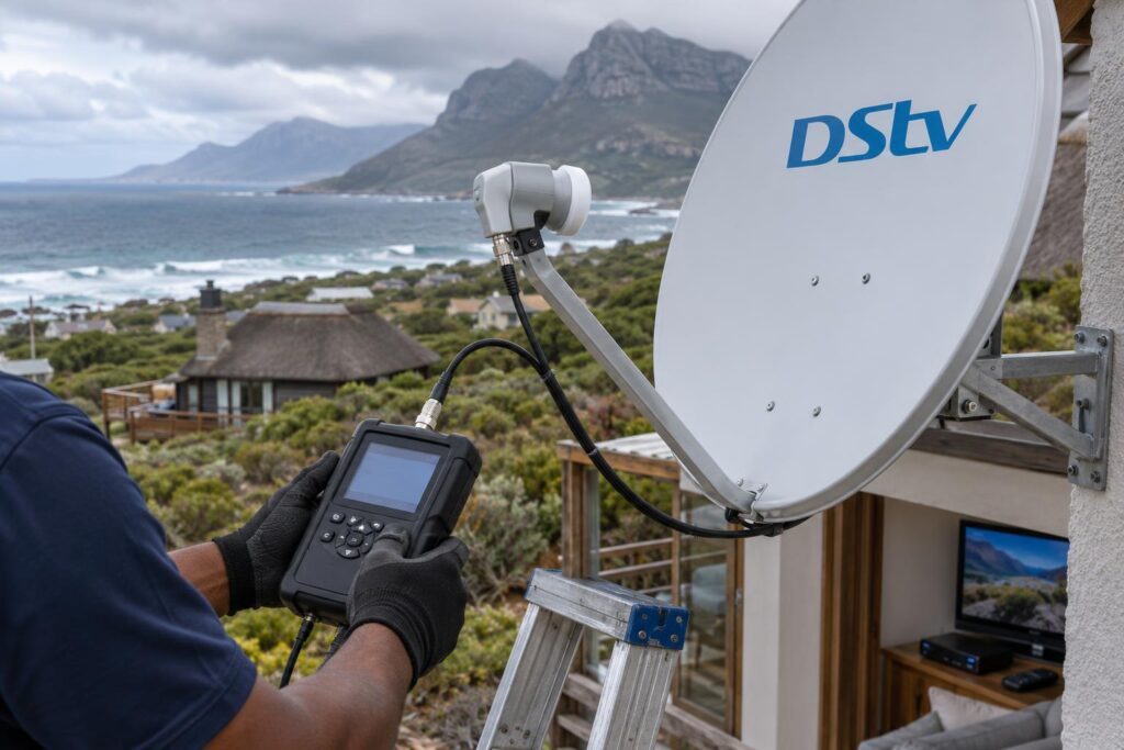 Technician checking dish signal with a meter on a Pringle Bay roof